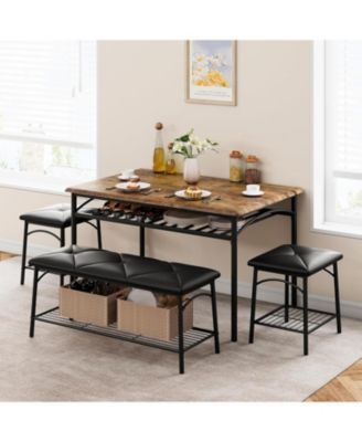 Dining Table Set for 4 with Benche/Stools Kitchen Table Set with Storage Shelves Dining Table Set with PU Cusion Dining Room Furniture