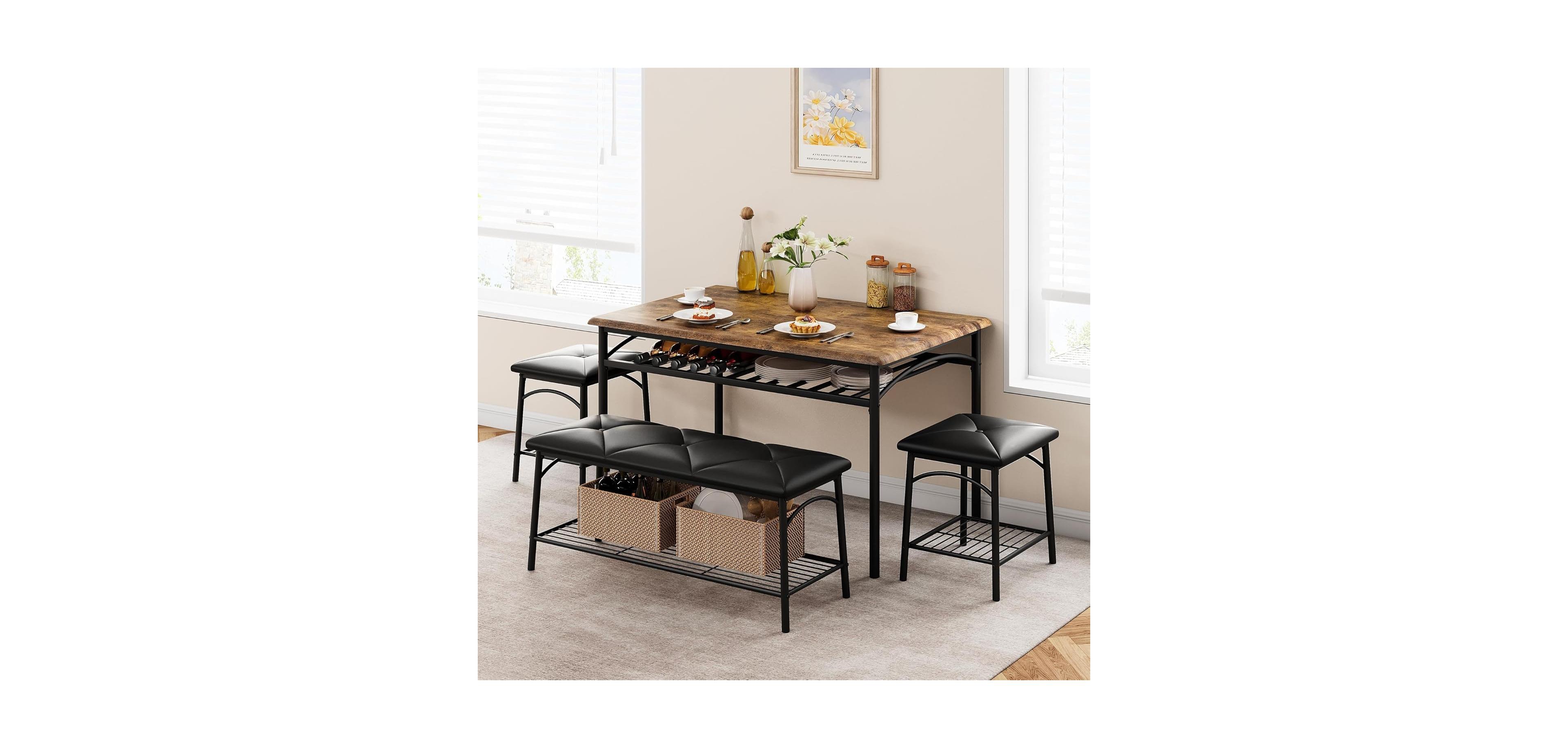 gaomon Dining Table Set for 4 with Benche/Stools Kitchen Table Set with Storage Shelves Dining Table Set with Pu Cusion Dining Room Furniture