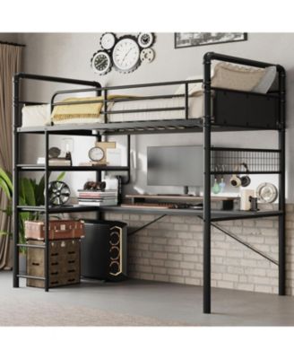 Loft Bunk Bed with L-Shaped Desk, Twin Loft Bed with Desk Underneath, Metal Bunk Beds with High Guardrail