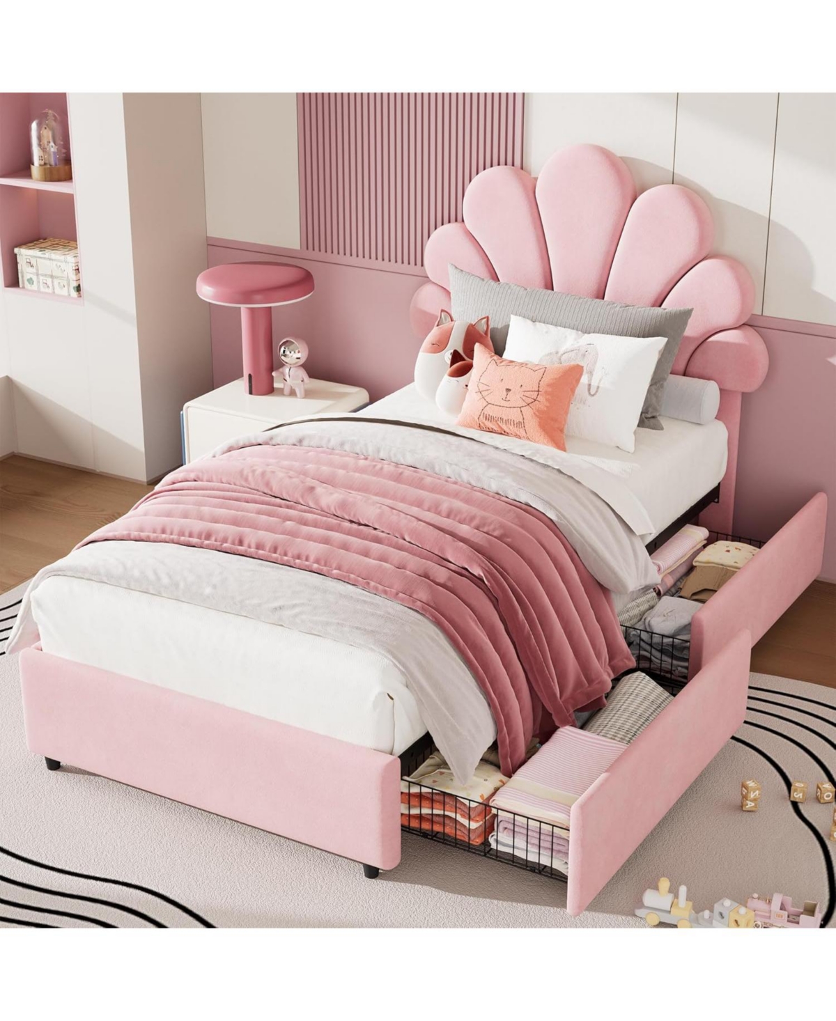 gaomon Twin Bed Frame for Kids with 2 Storage Drawers, Cute Velvet Princess Platform Upholstered Headboard Girls, Boys, Solid Wood
