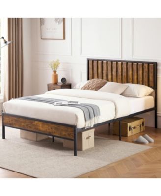 Full Bed Frame with Wood Headboard, Platform Metal Bed Frame Queen with 14 Heavy Duty Steel Slats, More Sturdy, Noise-Free, No Box Spring