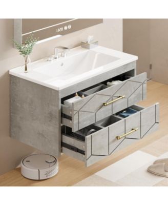 30" Bathroom Vanity with Sink Combo Floating Bathroom Vanity with Ceramic Basin 2 Large Drawers with Gold Handle Soft-Close Design
