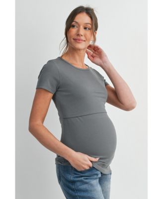 Maternity Nursing Ribbed Short-Sleeve Crewneck Top with Lift-Up Panel