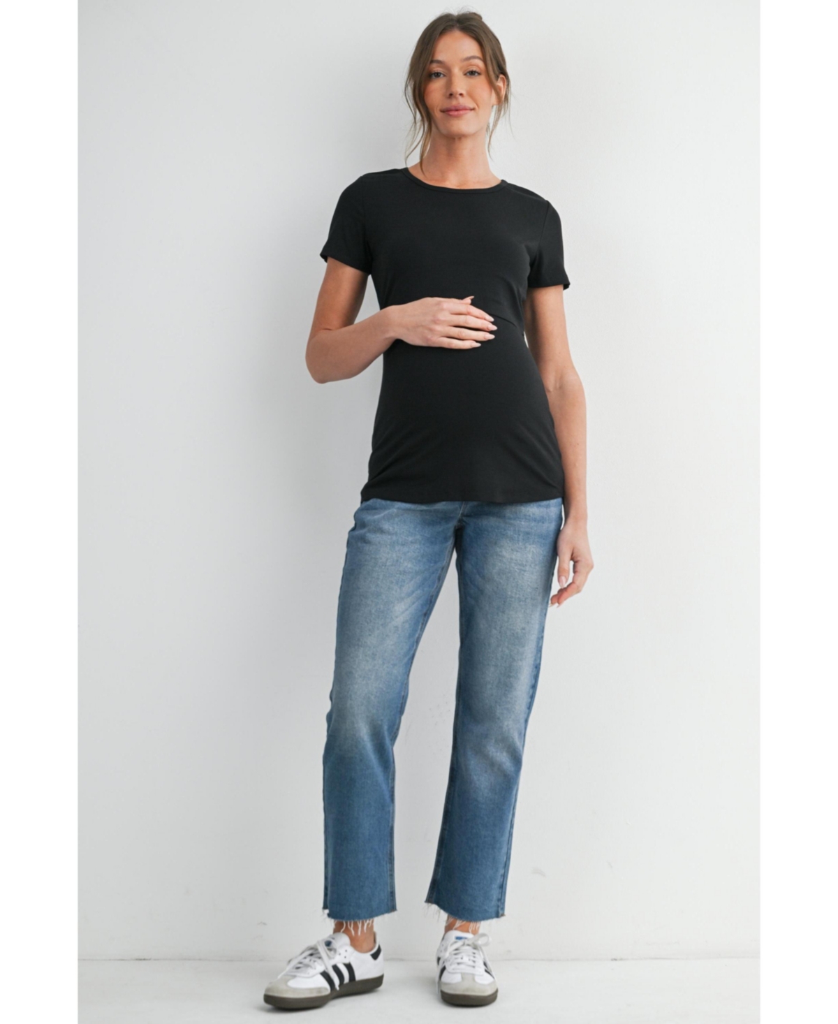 Hello Miz Maternity Nursing Ribbed Short-Sleeve Crewneck Top with Lift-Up Panel