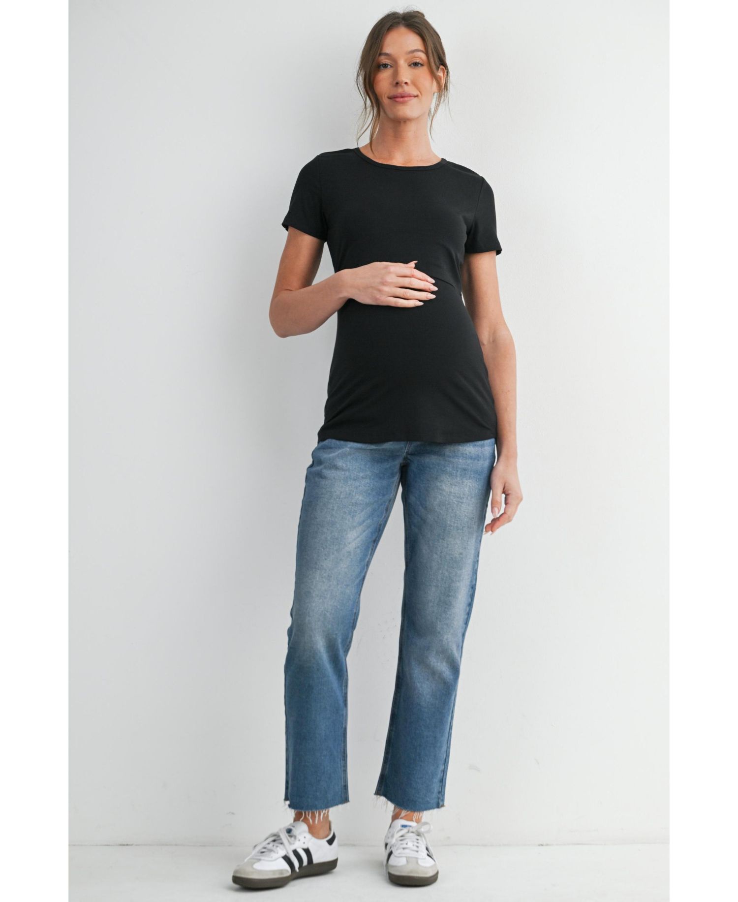 Maternity Nursing Ribbed Short-Sleeve Crewneck Top with Lift-Up Panel