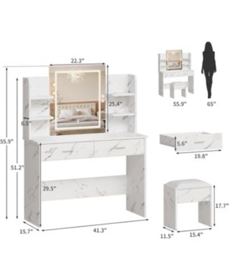 Vanity Desk with Lighted Mirror - Makeup Vanity Set with Power Outlet/Cushioned Stool - Vanity Table with 6 Storage Shelves