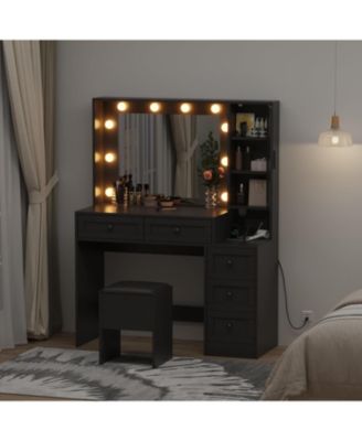 Makeup Vanity Set - Vanity Desk with Lighted Mirror and Charging Station - Makeup Vanity Desk with 5 Drawers and 3-Tier Cabinet