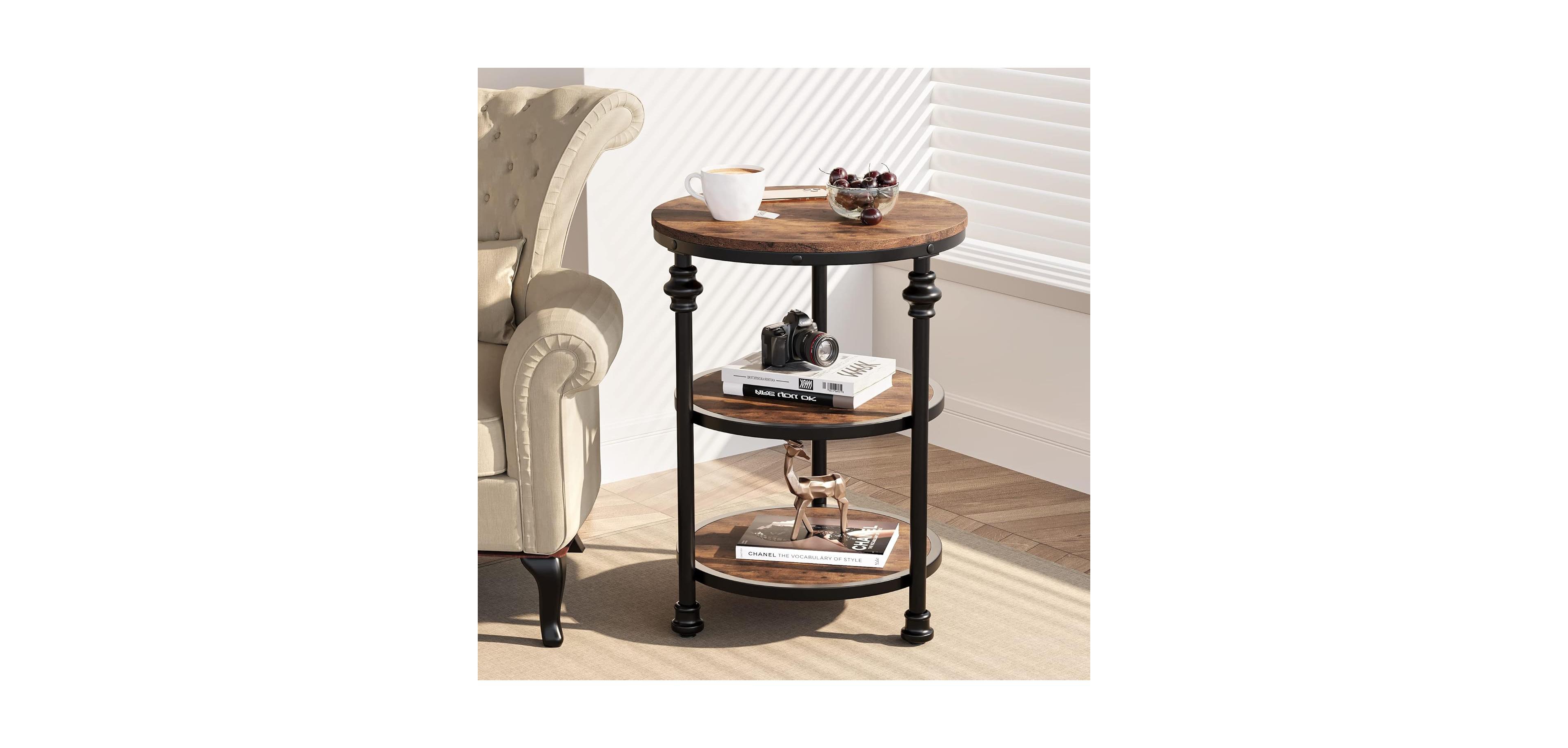 gaomon Round Side Table, Small End Table with 3 Shelves for Living Room, Bedroom, Night Stand Accent Coffee Steel Frame Spaces
