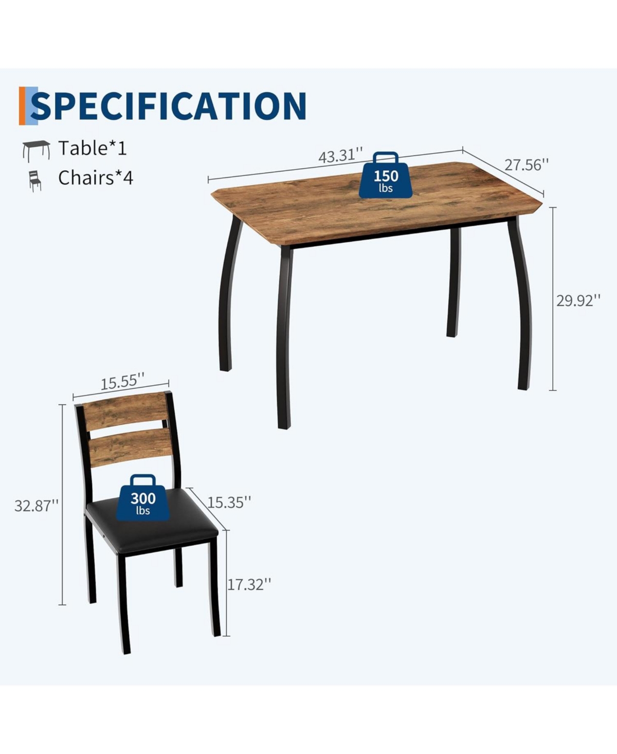 gaomon 5 Piece Dining Table Set for 4 Modern Kitchen Table with Upholstered Chairs and Iron Frame Wood Dining Room Furniture Set for Small Spaces