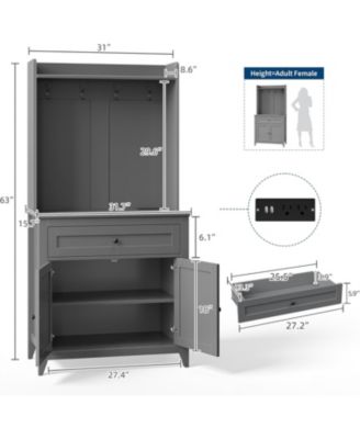 63" Pantry Cabinet, Kitchen Storage with Charging Station, Coffee Bar Table with Drawer, Hooks & Adjustable Shelves
