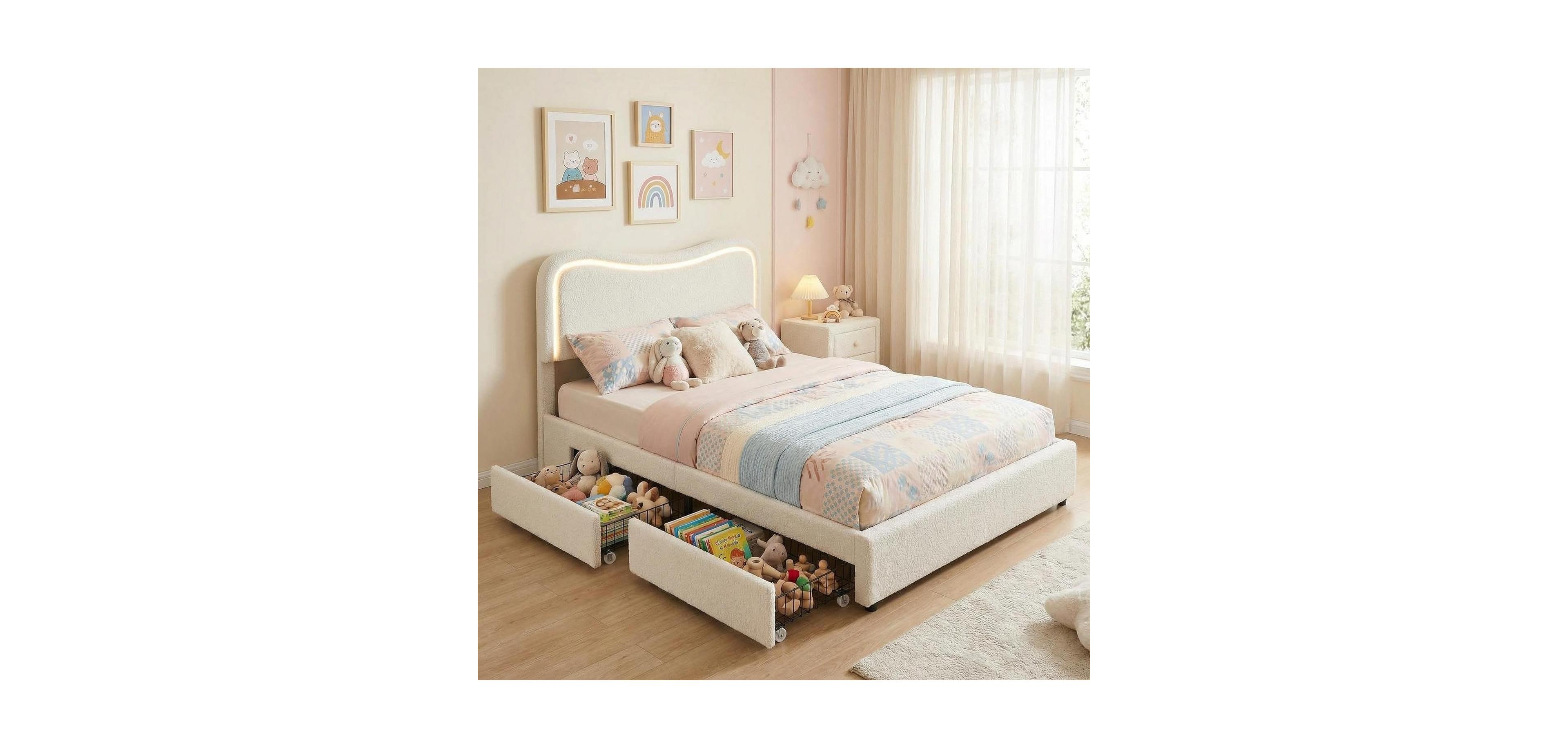gaomon Twin Boucle Bed Frame with Storage Drawers, Led Headboard, Upholstered Platform
