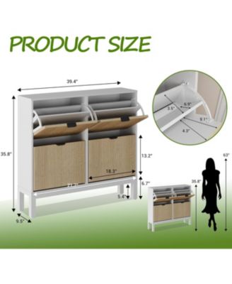 Farmhouse Shoe Cabinet with 4 Flip Drawers – Freestanding Fluted Shoe Organizer with Metal Legs, Slim Hidden Shoe Rack