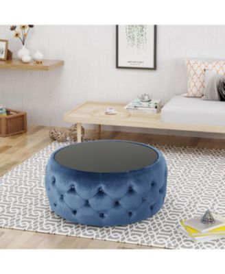 Modern Glam Velvet Button-Tufted Glass-Top Ottoman