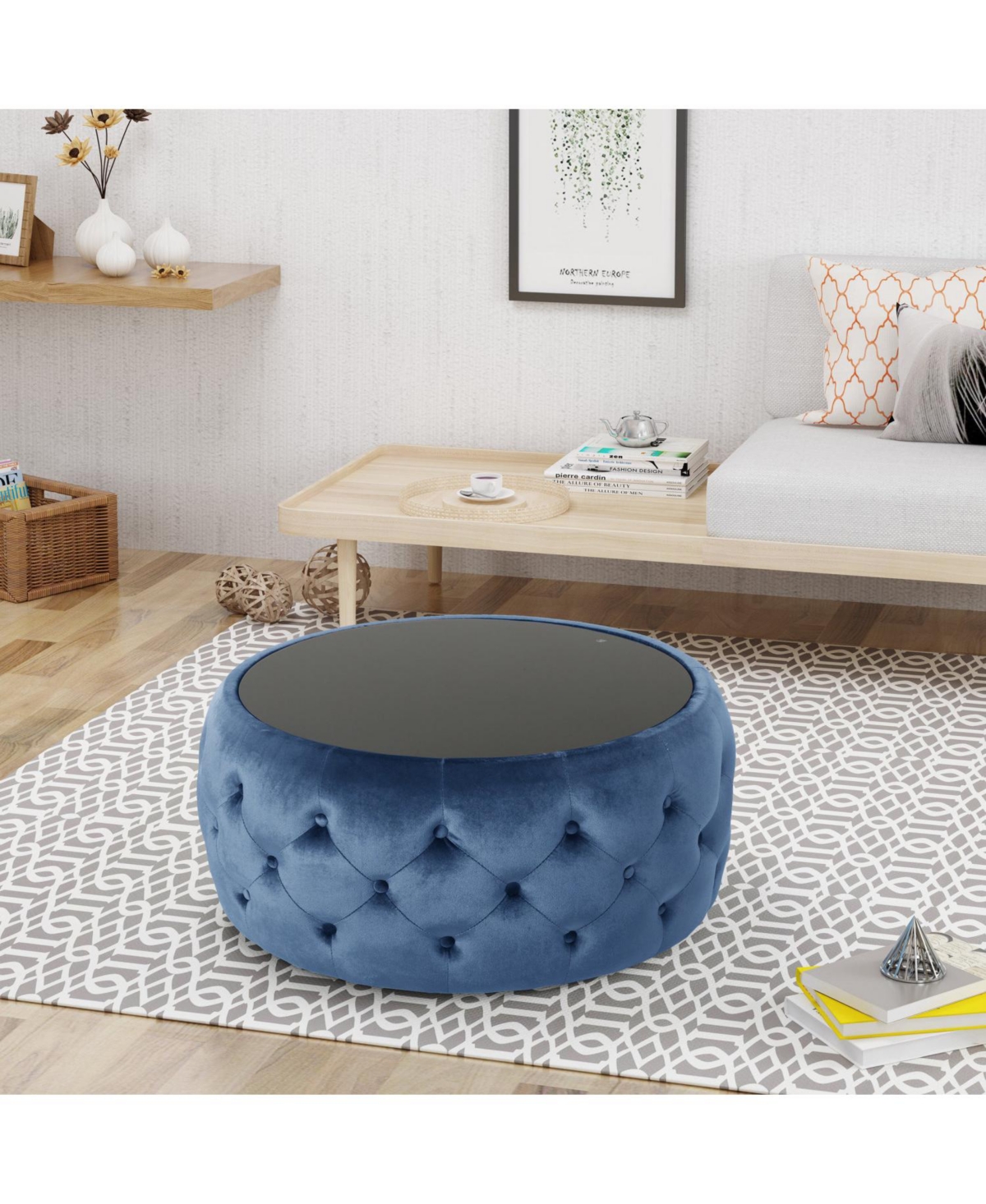 Simplie Fun Modern Glam Velvet Ottoman with Button-Tufted Stitch and Glass Top