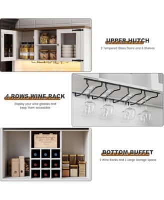 72" modern farmhouse coffee bar cabinet with LED lights, power outlets, sliding barn doors, wine storage, and ample space in rustic