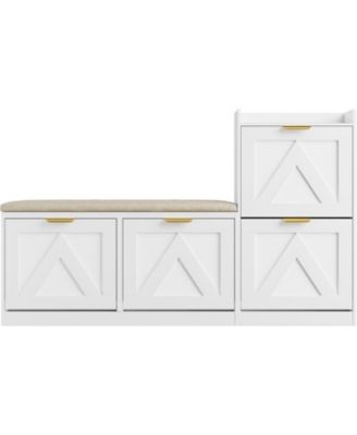 Farmhouse Shoe Cabinet with Bench, 4 Flip Drawers, Cushioned Seat Shoe Organizer, Freestanding Entryway Storage