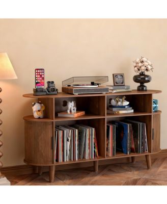 Mid-Century Modern Record Cabinet with Charging Station & Storage
