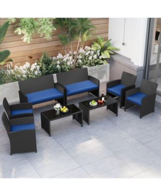 Set of 8 Patio Conversation Set w/Seat Cushions & Tempered Glass Tabletop Porch Outdoor