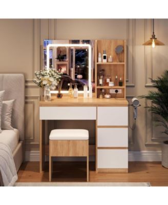 Vanity Desk with Mirror and Lights - Modern Makeup Dressing Table with Outlets/Storage Stool/4 Drawers and Hair Dryer Holder