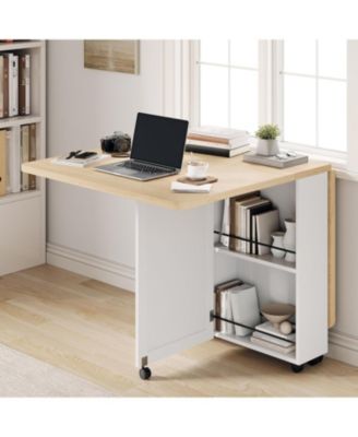 Space Saving Folding Dining Table with Storage - Kitchen Table with 6 Wheels Drawer and Shelves Compact Dining Table for Small Spaces