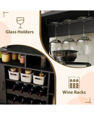 47" Farmhouse Coffee Bar Cabinet with Charging Station &Wine Racks Rustic Wood Kitchen Buffet Cabinet Wine Bar Table