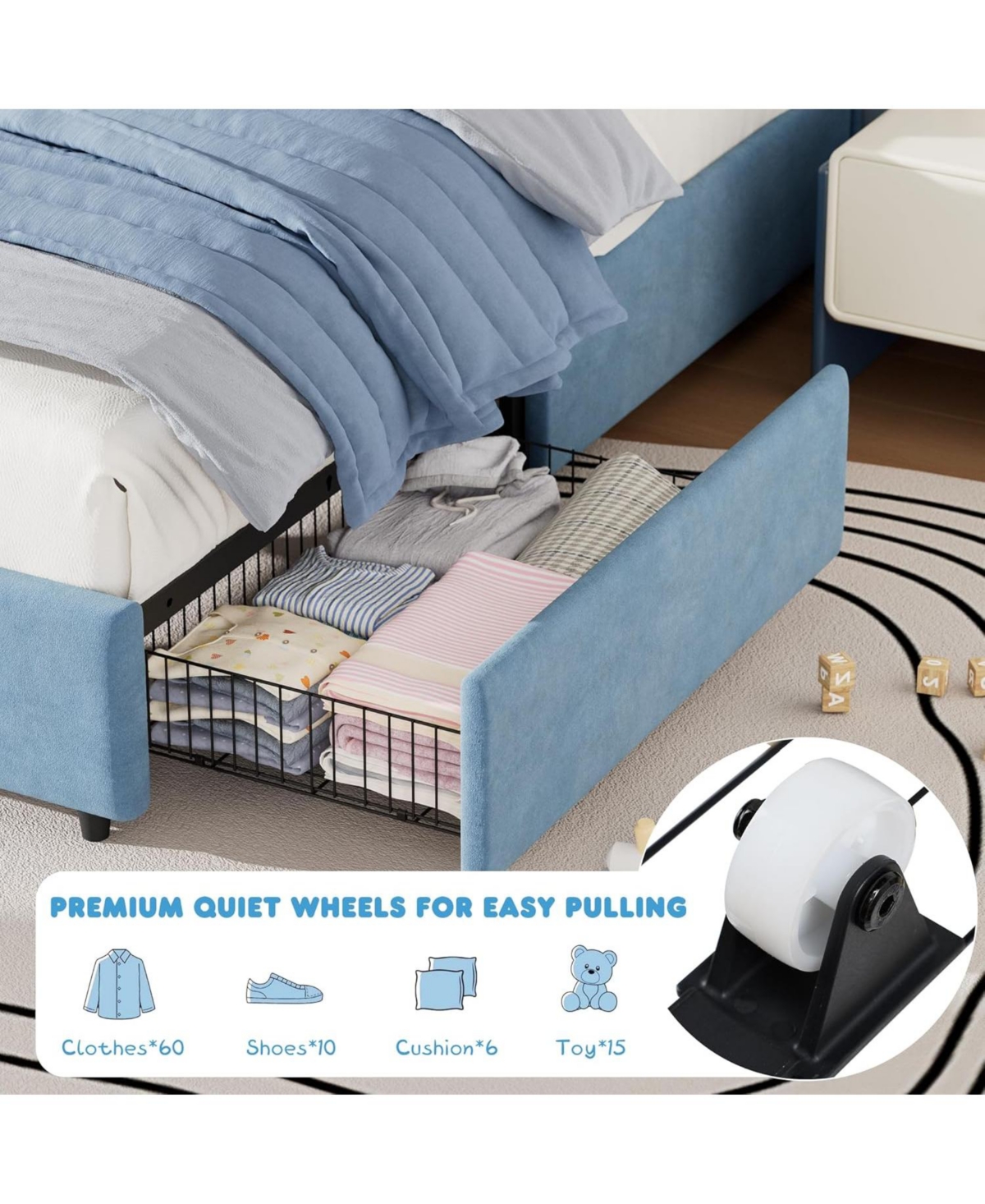 gaomon Twin Kids Bed Frame with Storage Drawers, Velvet Upholstered Headboard