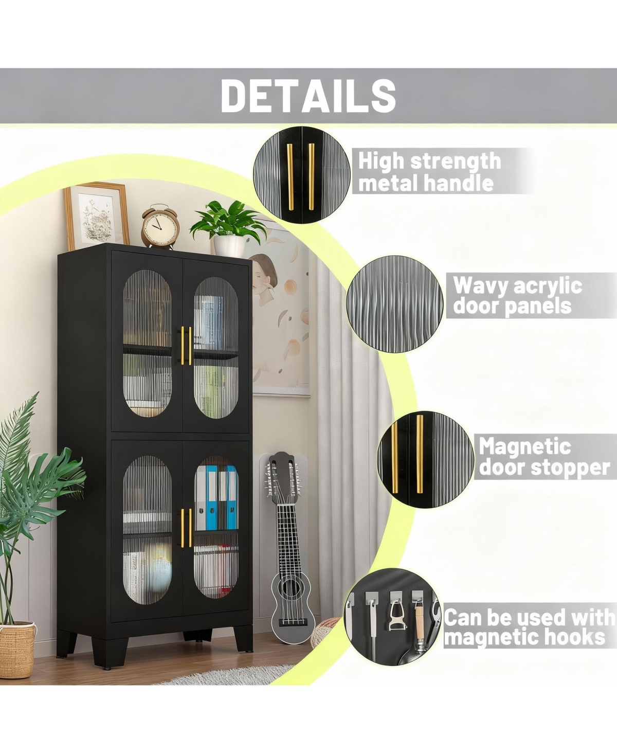 Yigii Elegant Glass Door Cabinet with Locking Mechanism and Adjustable Shelves for Home Decor