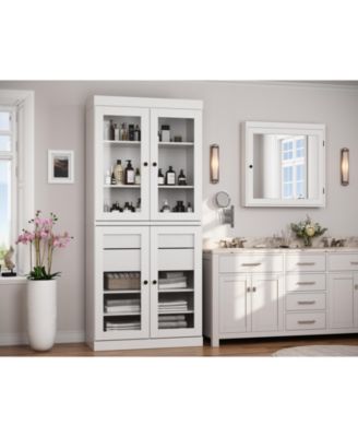 100% Solid Wood 32" Bathroom Storage Cabinet with Clear Glass Doors, 2-Drawers & Adjustable Shelves