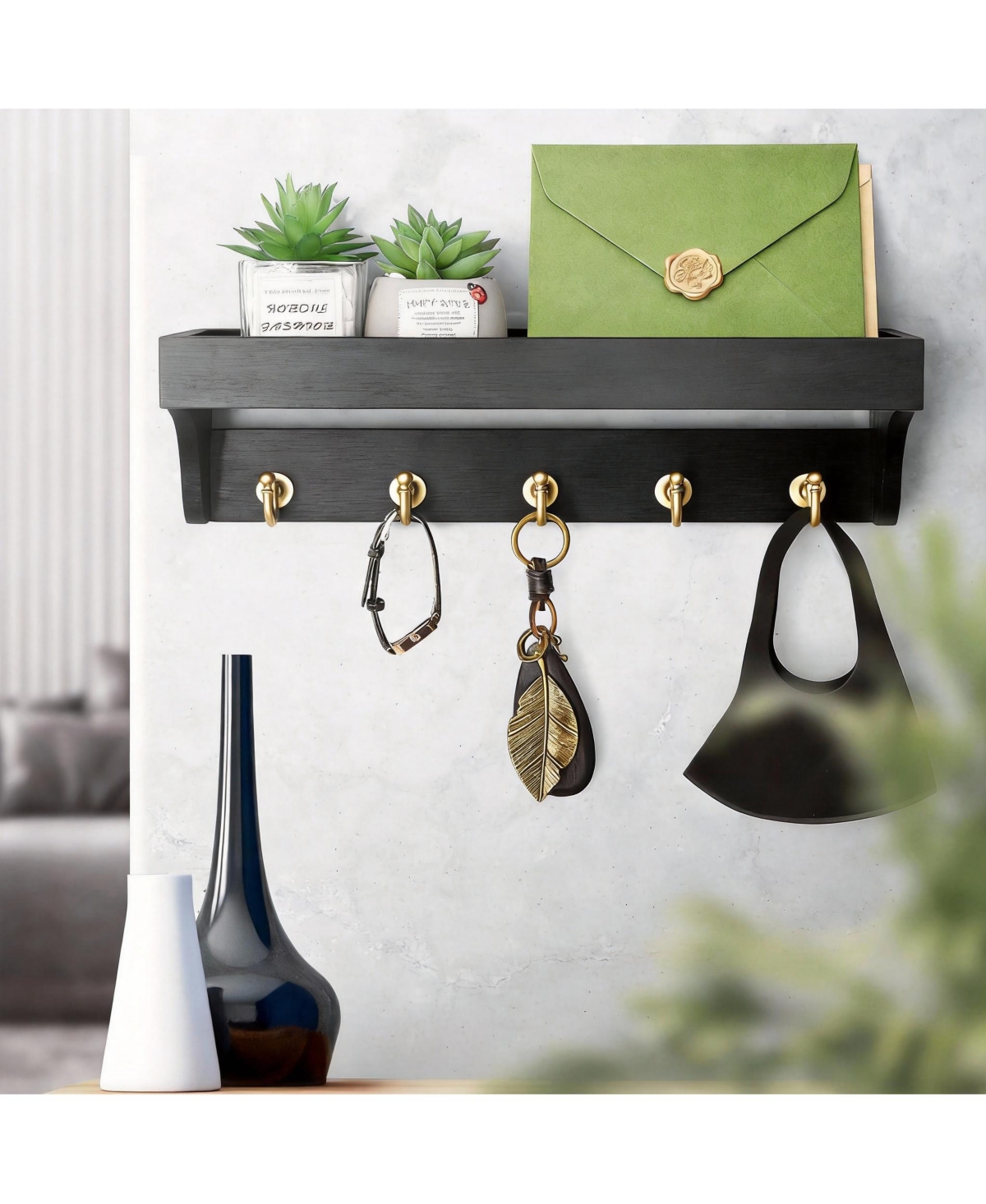 Yigii Wood Key Rack with Hooks and Shelves for Entryway Decoration