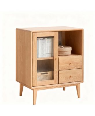 Solid Wood Cabinet with Glass Doors & Drawers for Living Room