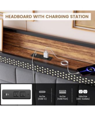 Bed Frame, LED Upholstered Platform Bed Frame with Charging Station, Storage Headboard, Strong Metal Slats Support, Noise Free, No Box