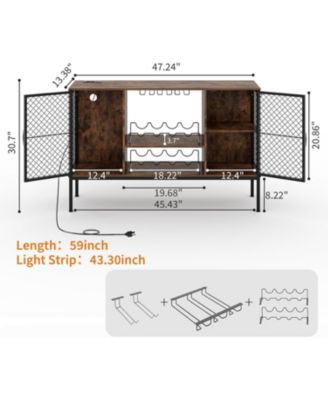 47 Inch Industrial Coffee Bar Cabinet with Led Lights and Power Outlets Wood Liquor Cabinet with 2 Doors Glass Holders & Storage