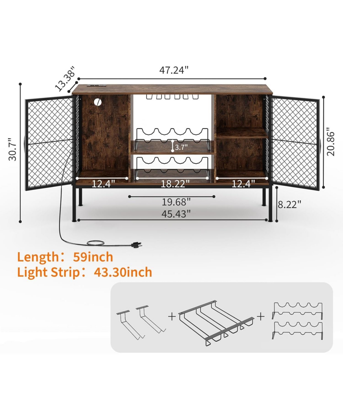 gaomon 47 Inch Industrial Coffee Bar Cabinet with Led Lights and Power Outlets Wood Liquor Cabinet with 2 Doors Glass Holders & Storage