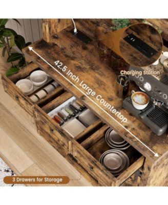 Farmhouse 72" Coffee Bar Cabinet with LED Light & Power Outlet Large Kitchen Hutch with 3 Drawers & Wine Glass Rack Tall Wine Cabinet