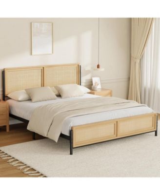 Bed Frame with Natural Rattan Headboard and Footboard, Wooden Full Platform Bed No Box Spring Needed, Noise-Free Easy Assemble