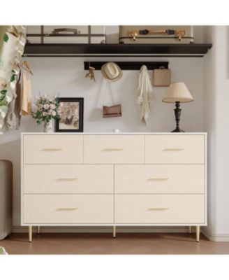 7 Drawer Dresser, Modern Chest of Drawer with Gold Metal Handles, Wood Dresser for Bedroom with Strong Metal Legs, White Storage Organizer