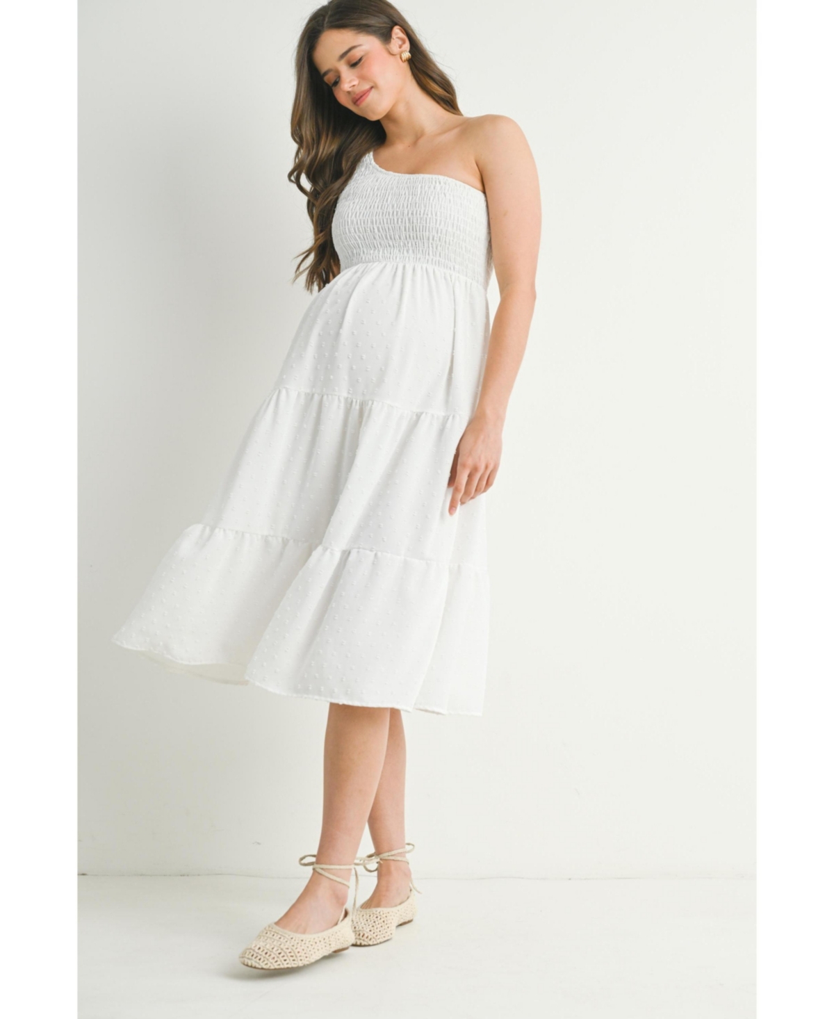 Hello Miz Maternity One-Shoulder Smocked Swiss Dot Midi Dress