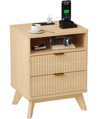 Modern Fluted Night Stand, Nightstand with USB Charging Station, Two Drawer Filing Cabinet with Shelf