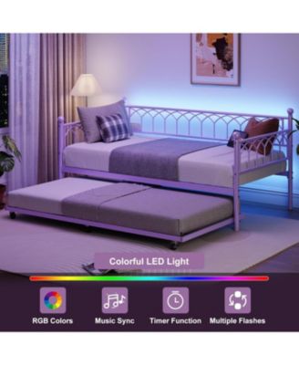 Twin Daybed with Trundle, Metal Sofa Bed Frame with Charging Station & LED Lights, Pull-Out Trundle for Bedroom, Guest Room, Small Spaces