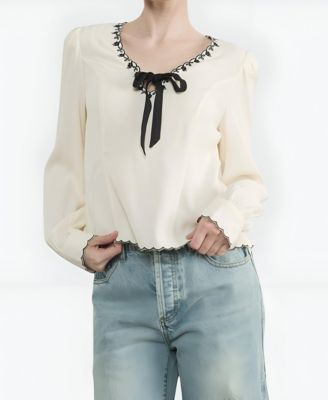 Women's Embroidered Blouse with Velvet Bow and Scalloped Hem