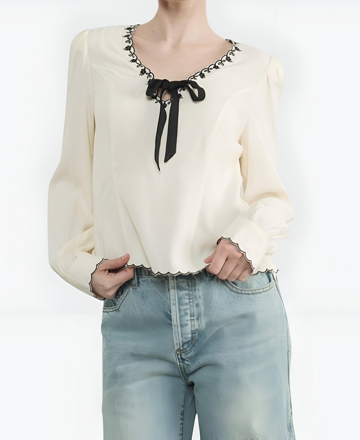 Draft - Modenaire Women's Embroidered Blouse with Velvet Bow and Scalloped Hem