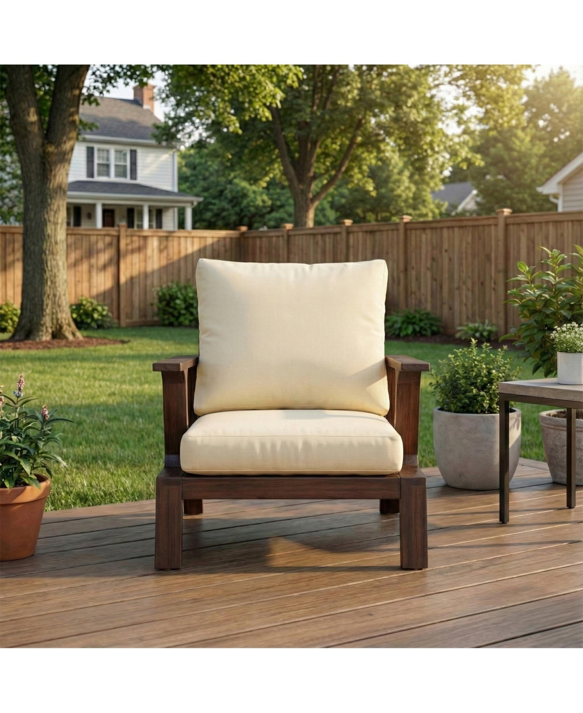 Clihome Patio Accent Chair 27.6" Wood Outdoor Lounge for Patios, Gardens, Beige Cushion