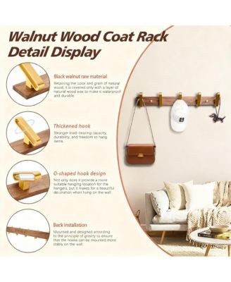 Solid Walnut Wood 5-Hook Wall Rack for Clothes