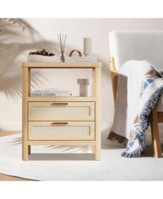 Rattan Nightstands Set of 2, Large Nightstands with Drawers and Storage Shelf, Farmhouse Bedside Table, Wood