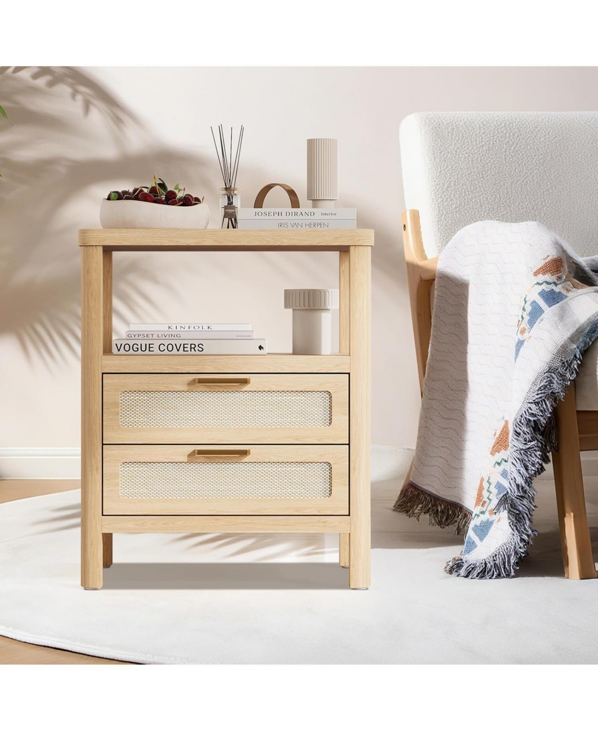 gaomon Rattan Nightstands Set of 2, Large Nightstands with Drawers and Storage Shelf, Farmhouse Bedside Table, Wood