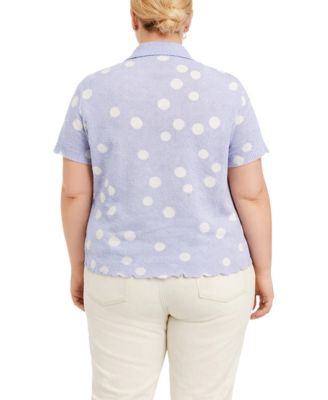 Plus Size Polka Dot Crinkle Knit Button Short-Sleeve Button Shirt