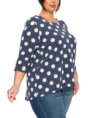 Plus Size Polka Dot Double Knit Button Back 3/4 Rolled Sleeve Top