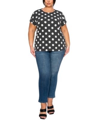 Plus Size Polka Dot Double Knit Rolled Sleeve Side Button Top
