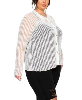 Plus Size Vertical Floral Stripe Lace Button-Front Shirt