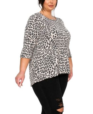 Plus Size Animal Double Knit Textured Button Back 3/4 Rolled Sleeve Top